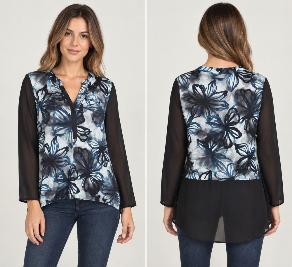 Simply Vera Vera Wang Floral Mixed Media Semi Sheer Tunic Top Blue Black L